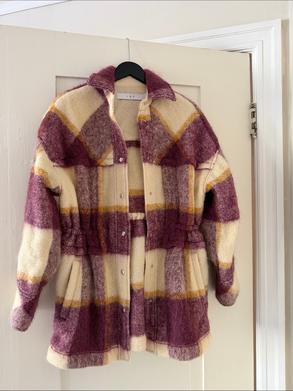 IRO Plaid Mohair-Blend Utility Jacket in Cream & Plum with Yellow Accents